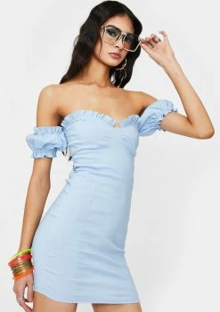 Public Desire Dresses Blue Bardot Frill Sleeve Mini Dress