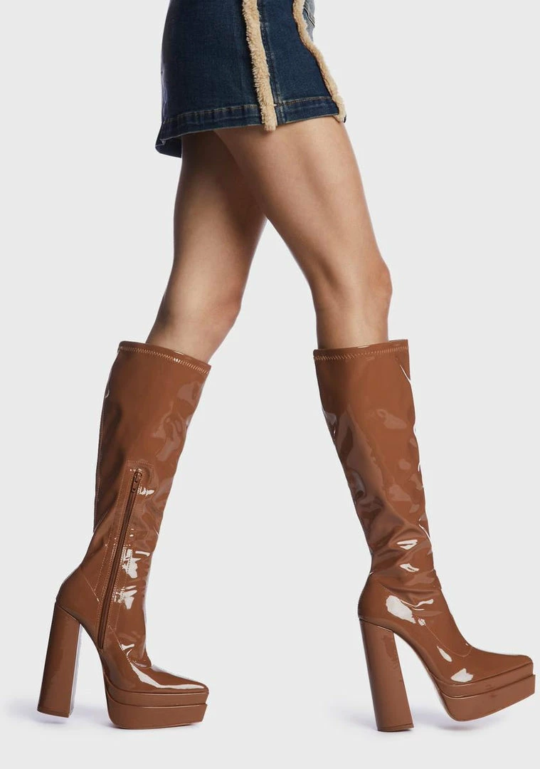 Cheap ⭐ Public Desire Camel Patent End Game Knee High 🥾 Boots ✔️ 2 Public Desire Camel Patent End Game Knee High Boots