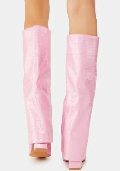 Public Desire Pink Zendaya Croc Pointed Toe Knee High Boots
