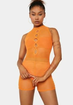 Public Desire Orange Cut-Out Mesh Sleeveless Unitard Rave & Festival Playsuits