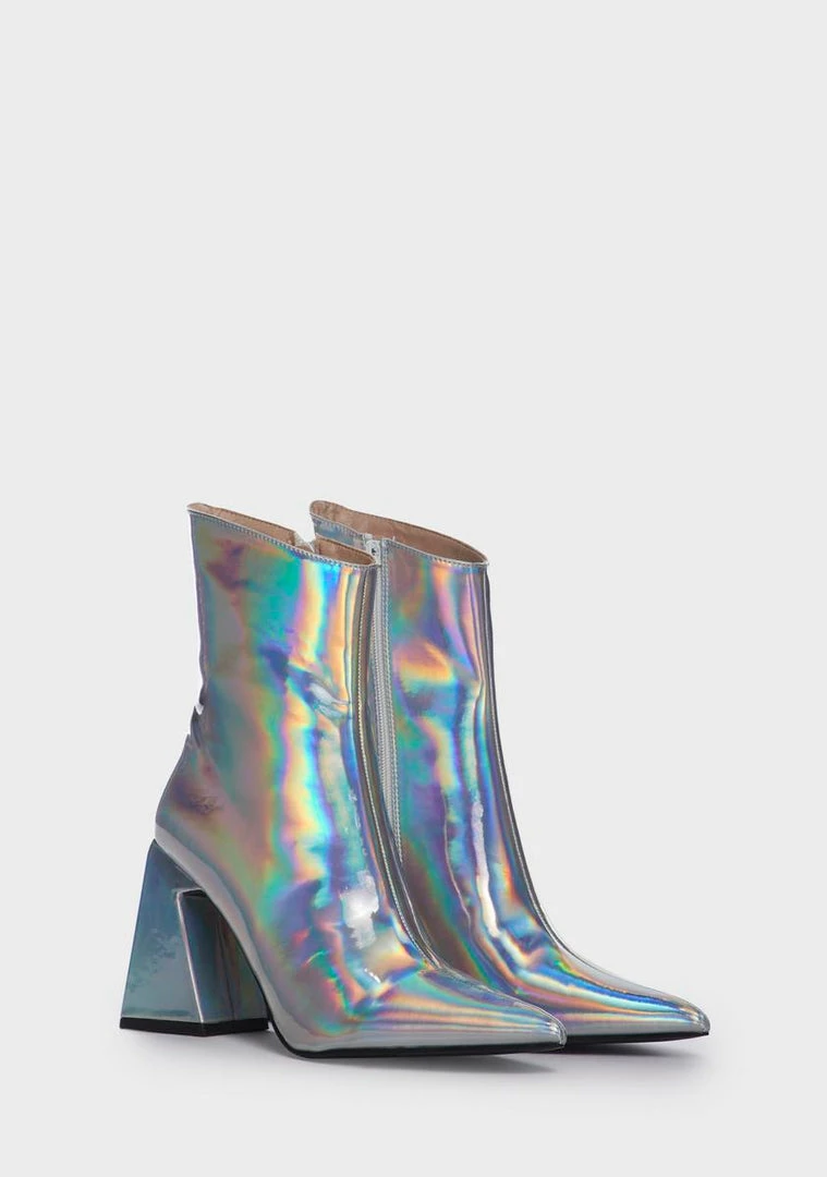 Cheapest 💯 Public Desire Kenzie Holographic Heeled 🥾 Boots ✔️ 3 Public Desire Kenzie Holographic Heeled Boots