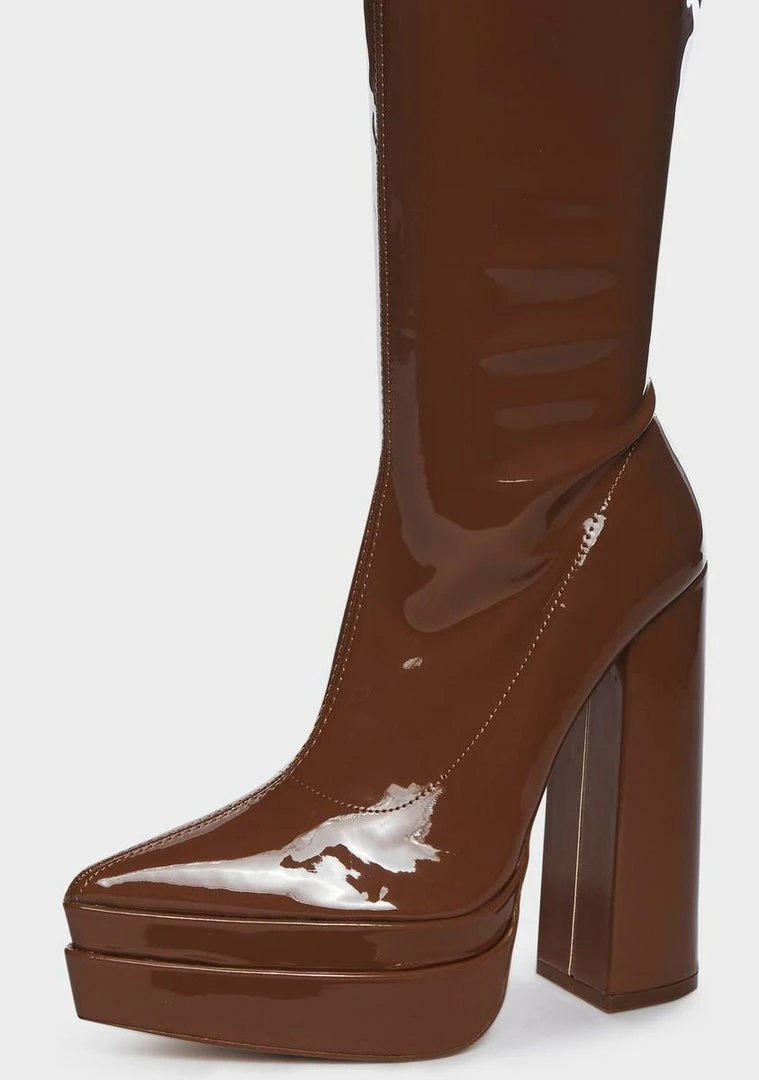 Cheap ⭐ Public Desire Camel Patent End Game Knee High 🥾 Boots ✔️ 3 Public Desire Camel Patent End Game Knee High Boots