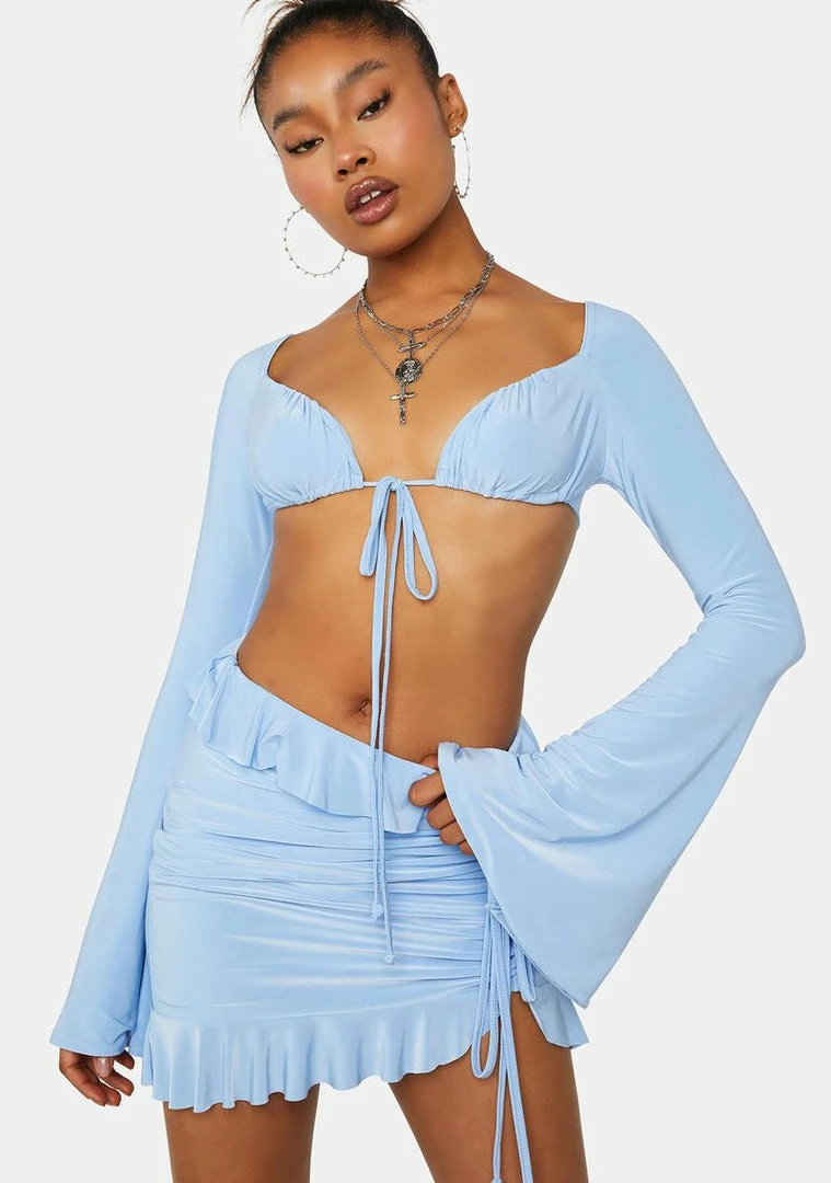 Budget 💯 Public Desire Long Sleeve Crop Top Crystal Blue Ruched Cups Flare Sleeve Top 🥰 1 Public Desire Long Sleeve Crop Top Crystal Blue Ruched Cups Flare Sleeve Top