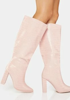 Public Desire Heeled Boots Baby Pink Posie Knee High Boots