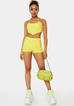 Public Desire Festival Shorts Sulphur Yellow Ruched Tie Side Booty Shorts