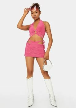 Public Desire Paradise Pink Exposed Waist Ruched Mini Skirt