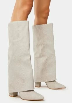 Public Desire Grey Zendaya Croc Pointed Toe Knee High Boots