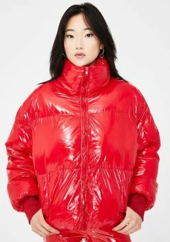 Public Desire Red Oversized Vinyl Puffer Coat Outerwear