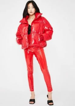 Public Desire Red Oversized Vinyl Puffer Coat Outerwear