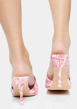 Public Desire Peep Toe Heels Pink Swirl Print Squared Toe Heeled Mules