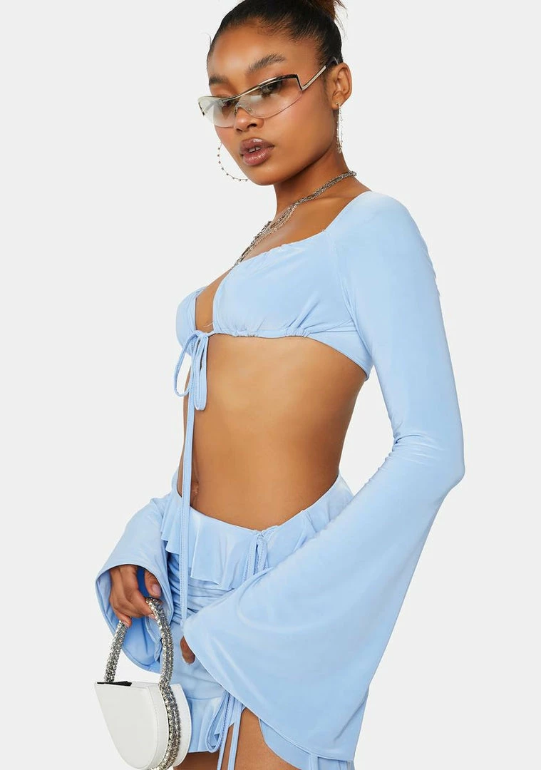 Budget 💯 Public Desire Long Sleeve Crop Top Crystal Blue Ruched Cups Flare Sleeve Top 🥰 3 Public Desire Long Sleeve Crop Top Crystal Blue Ruched Cups Flare Sleeve Top