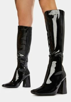 Public Desire Black Apology Patent Knee High Boots Boots & Booties