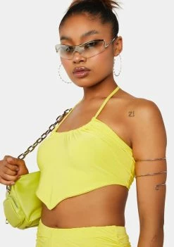 Public Desire Sulphur Yellow Ruched Halter Mini Crop Top
