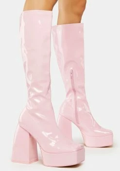 Public Desire Pink Heartbeat Platform Knee High Boots