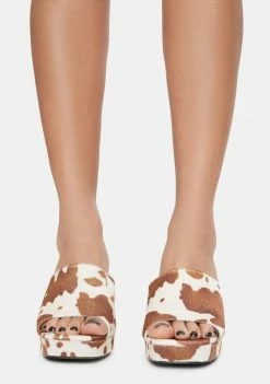 Public Desire Heels Mocha Oreo Cow Print Chunky Heel Mules