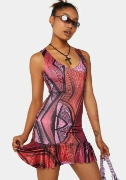 Public Desire Club Dresses Abstract Printed Plunge Frill Hem Micro Mini Dress