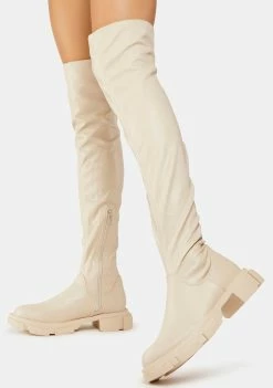 Public Desire White Junya Knee High Boots