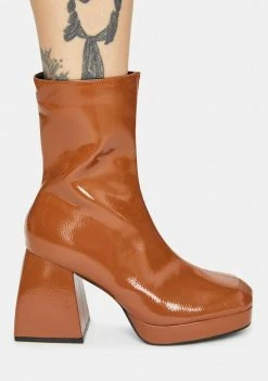 Public Desire Tan Patent Imagine Chunky Heel Ankle Boots