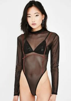 Public Desire Tops Black Contrast Stitch Mesh Bodysuit