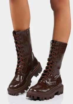Public Desire Brown Beau Croc Lace Up Boots