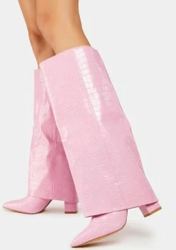Public Desire Pink Zendaya Croc Pointed Toe Knee High Boots